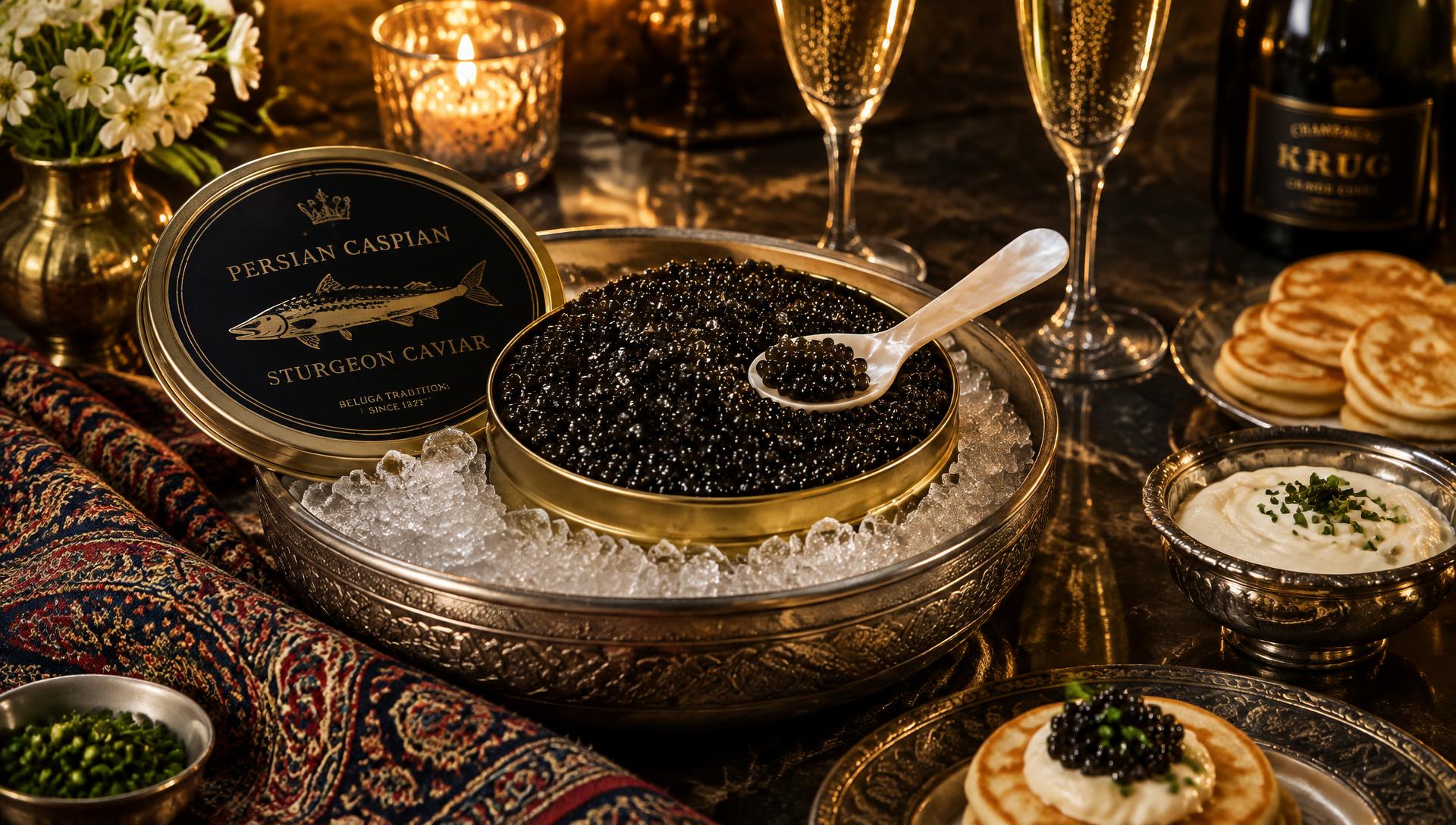 An open tin of Persian caviar on ice with a mother-of-pearl spoon, blinis and champagne