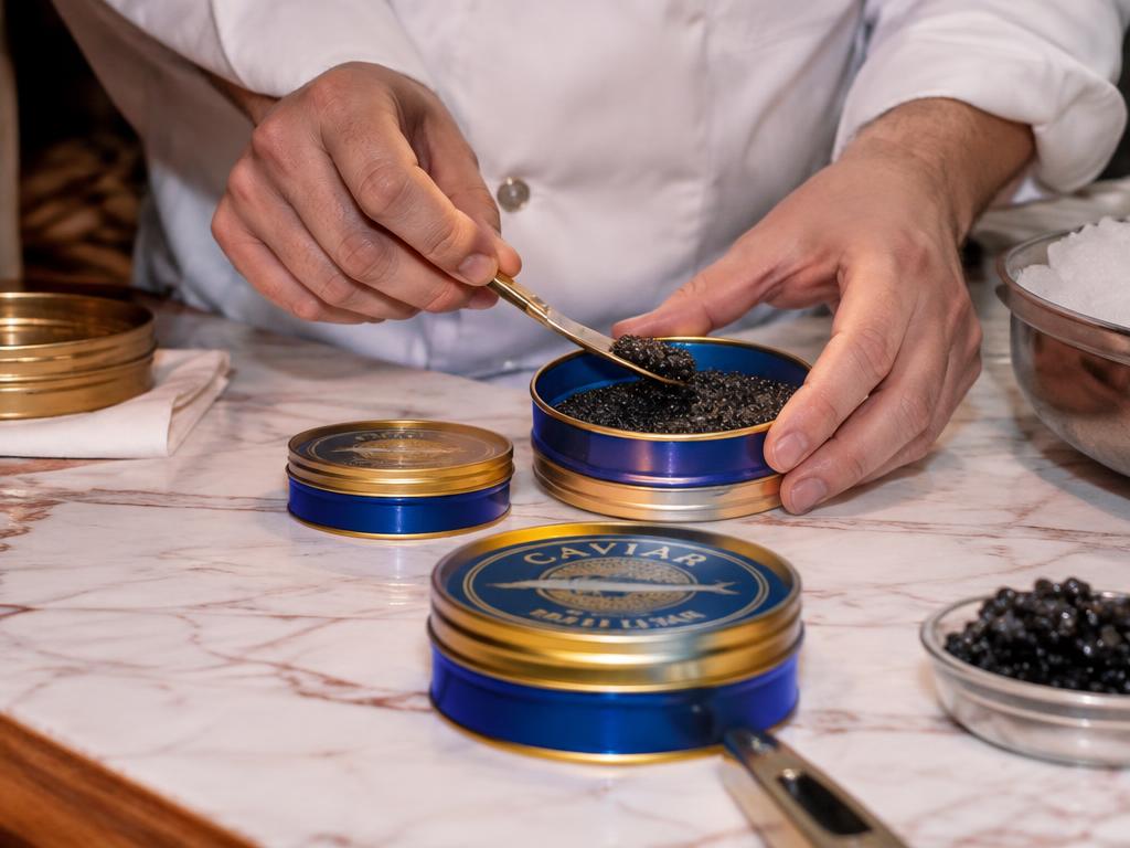 Hands packing glossy caviar into blue and gold tins