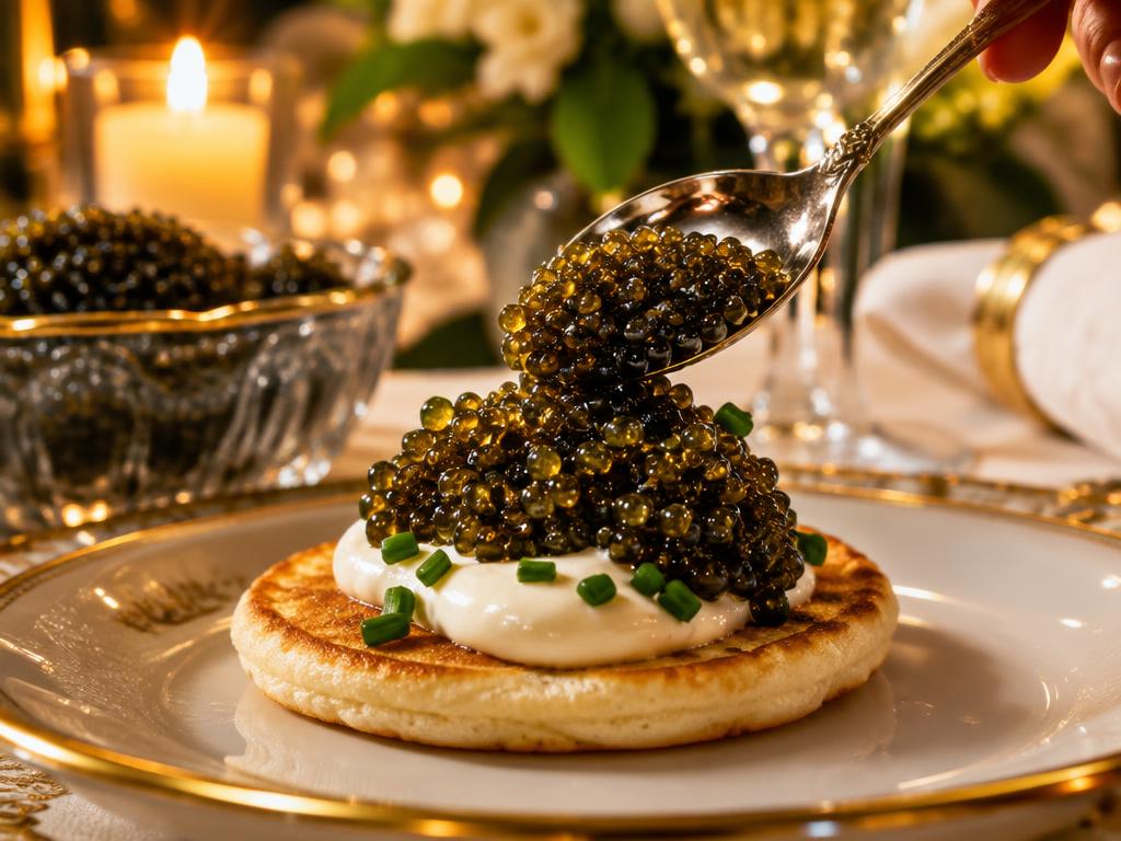 A spoonful of golden-black caviar on a blini with crème fraîche